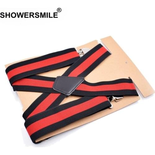 Red Black Striped Wide Suspenders For Shirt Mens Trousers Suspenders Braces 5cm Male X Back Suspender Leather 4 Clip 120cm*5cm
