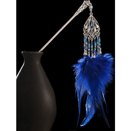 Vintage Gypsy Chinese Style Hair Sticks Women Blue Feather Tassel Silver Color Hairpins Boho Ethnic Jewelry Accessories Gifts