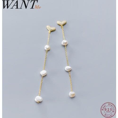 WANTME Genuine 925 Sterling Silver Natural Freshwater Baroque Pearl Chain Drop Earrings for Womem Bohemian Fashion Jewelry 2021