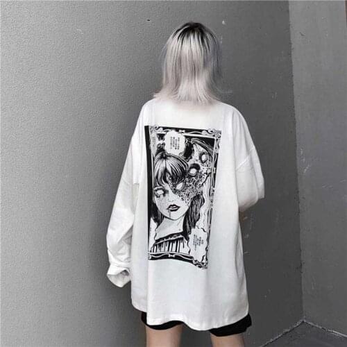 Cartoon Horror Graphic Women T-Shirt spring and autumn Gothic Print Oversized Punk T Shirt Top Harajuku Streetwear Korean Tee
