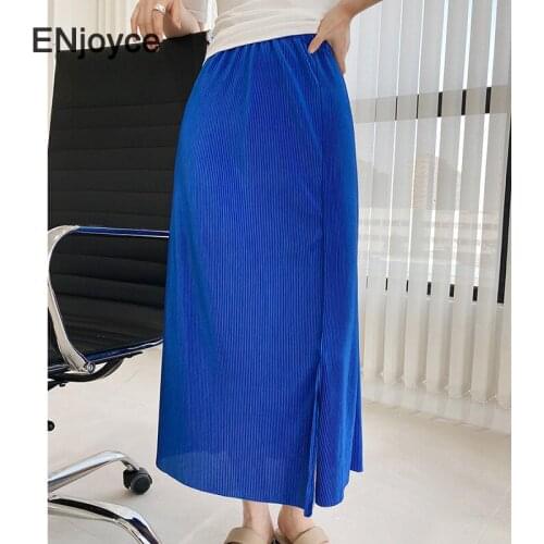 2021 Summer Blue Solid Skirt for Women High Waist A-line Pleated Skirts Casual Long Skirts Korean Style Chic Flare Long Skirts
