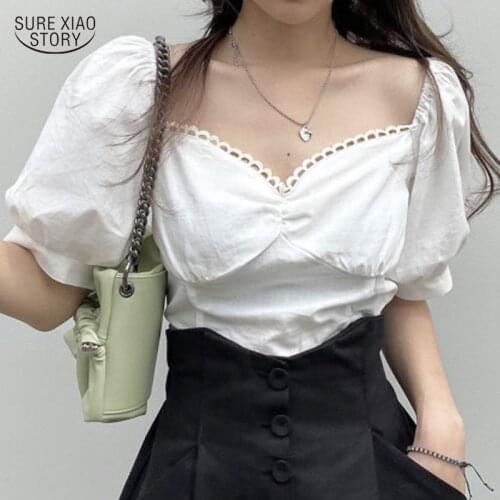 2021 Puff Sleeve Women Shirt All-match Short-sleeved Top Female Summer Off-shoulder Folds Lace Lady Blouse Tube Top Blusa 15586