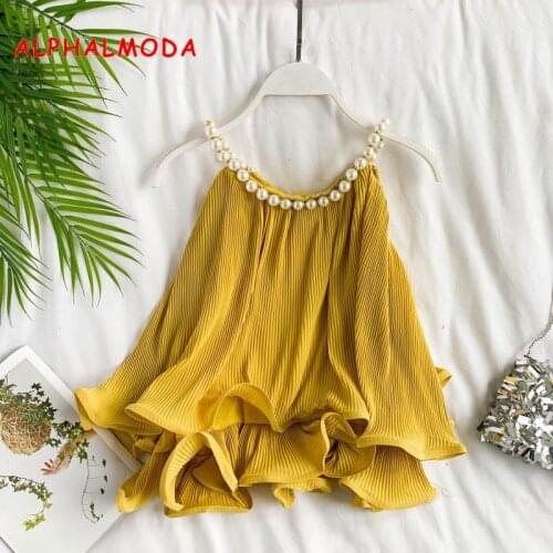 ALPHALMODA 2019 Summer Womens Sweet Beaded Chiffon Blouses Pearl Necklace Double-layer Lotus-leaf-edge Chiffon Vest Outfit