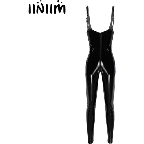 Womens Fashion Pole Dancing Costumes Shiny Metallic Patent Leather Latex Front Zippered Long Legging Leotard Bodysuit Clubwear