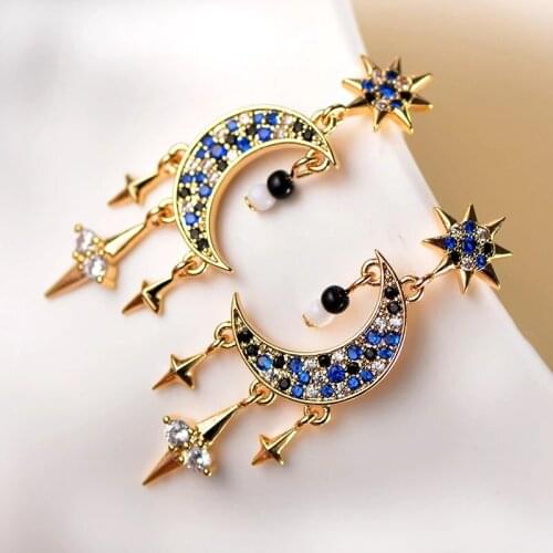 Unique Rhinestone Moon Star Drop Earrings for Women Girl Statement Jewelry Cute Earring Night Club Party Jewelry Brincos