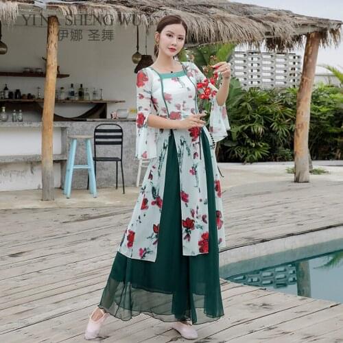 Women Chinese Style Classic Classical Dance Cheongsam Printed Long Tops Body Rhyme Folk Dance Performance Clothing Traditional