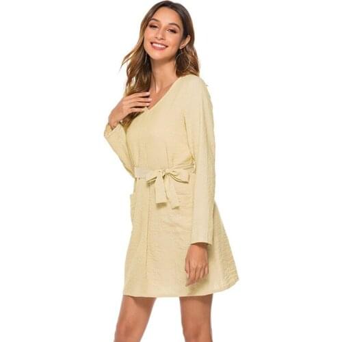 Womens Fall Sexy V-neck Pocket Elegant Dress Long Sleeve MIni Ladies OL Dresses Loose Woman Dress with Blet Short Vestidos 2020