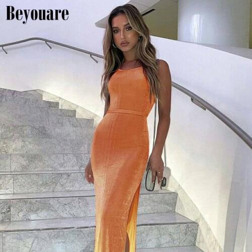 Beyouare Knit Backless Split Tank Womens Dress Summer Sexy Square Collar Sleeveless Bandage Casual Elegant Ankle-Length Dresses
