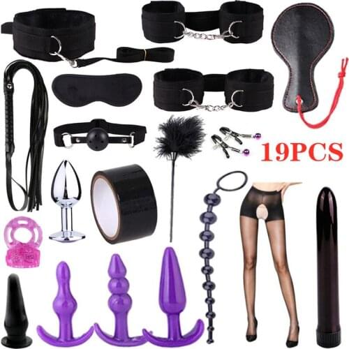 19PCS Adult Sex Toy Bed Game BDSM Bondage Restraint Set Fetish Toys For Couple Anal Plug Butt Bdsm Vibrator Bondage Adult Games