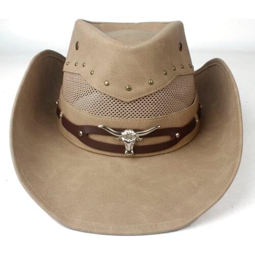 2019 100% Leather Men Women Mesh Western Cowboy Hat Wide Brim Hat Outdoor Sombrero Hombre Cowgirl Hat Punk Belt