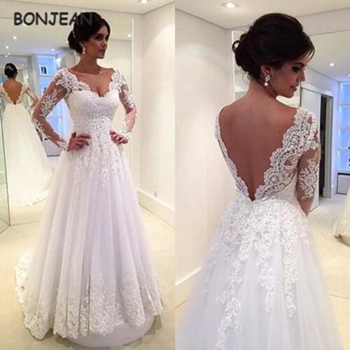 2019 White Wedding Dresses White A Line Lace Appliques Floor Length Backless Bridal Gowns Long Sleeves abiti da sposa