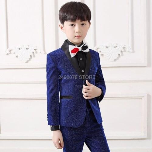 Kids Formal Jacket Vest Pants 3Pcs Host Dress Flower Boys Luxurious Shining Wedding Suit Children Performance Costume Piano Show