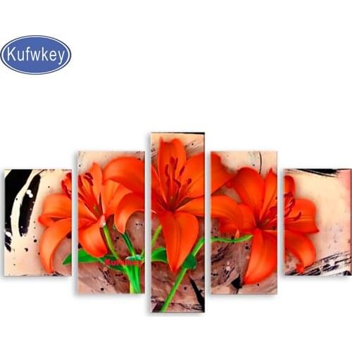Red Lily Diamond Painting 5 Panel Full Square/Round Drill Mosaic embroidery Sale Flowers for Living Room Multi-pictures