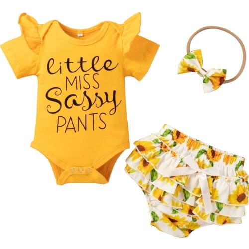 3 Pieces Kids Suit Set, Girls Letter Print O-Neck Short Sleeve Romper+ Sunflower Print Shorts+ Headband for Summer, 0-1 Year