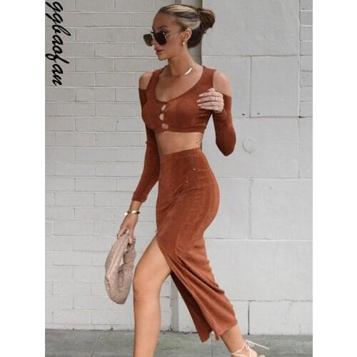 Ggbaofan Sexy Button Up Slit Dress Sets Skirt Fashion Outfits 2 Piece Sets Top and Skirts For Women Matching Sets Autumn