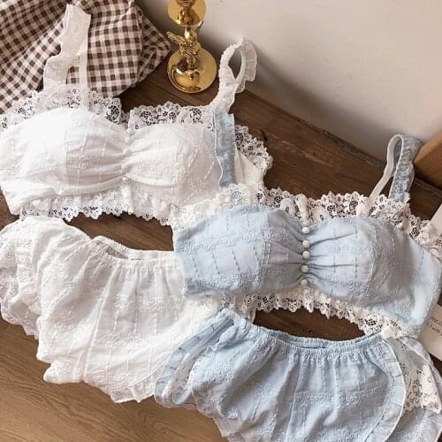 High quality Japanese summer sexy lingerie complex Lolita fairy white button no rims comfortable girls sleepwear lace bra set