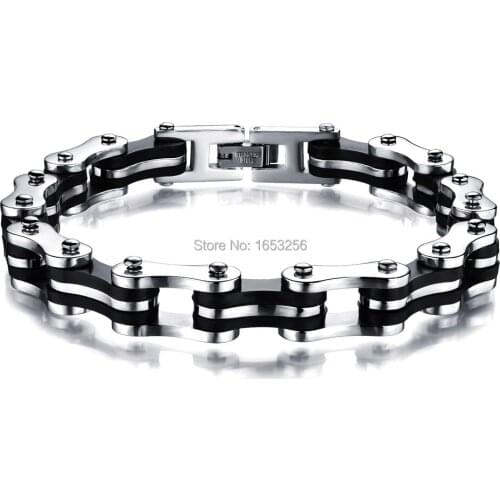 Cool Fashion Stainless Steel & Black Silicone Motorcycle Biker chain design Popular Bracelet Bangle Unisex 8.8