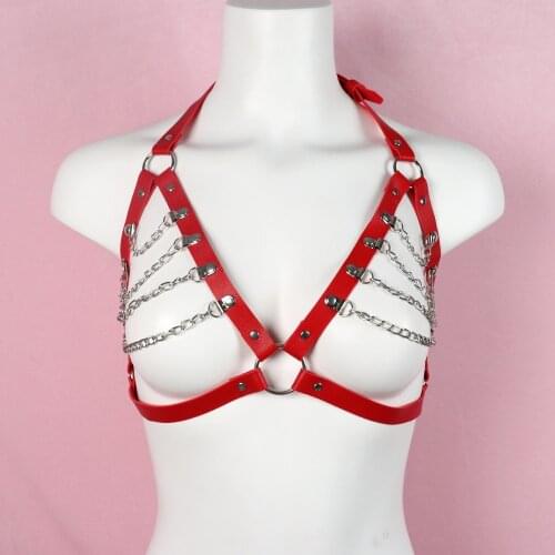 Trendy Harajuku O-Ring Women Harness Bra Cage Red PU Leather Chest Bondage Belt Sexy Festival Lingerie Accessories Adjustable