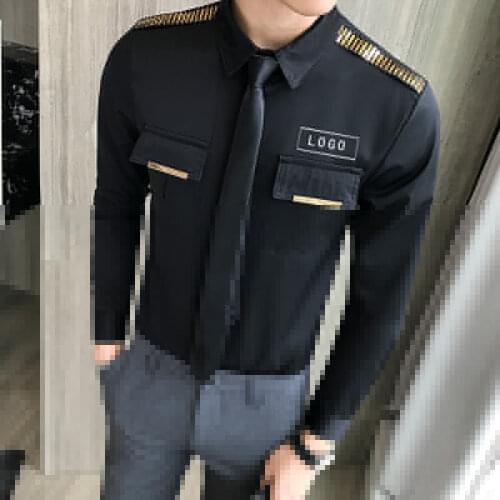 Mens Wear Epaulettes Shirts with Pockets Solid Slim Fit Work Shirt for Men Social Nightclub Party Male Clothing Tops Camisas