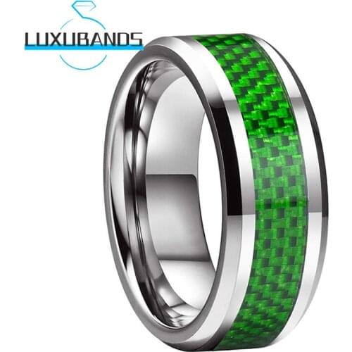 Mens Wedding Rings 8MM Beveled Edges Green Carbon-Fiber Inlay Polished Finished Comfort Fit