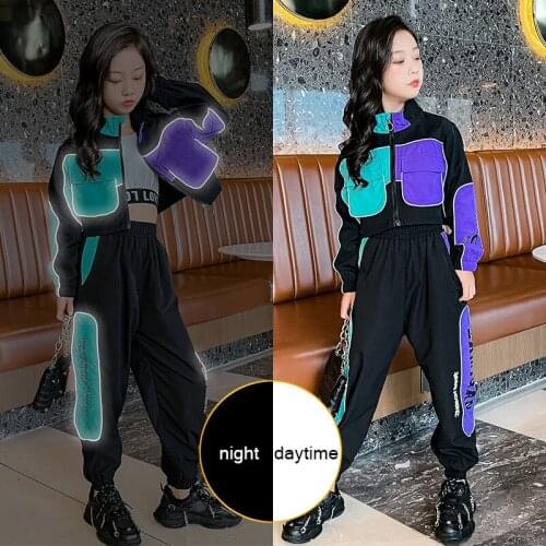 Teenages Outfits Autumn Children Costome Patchwork Short Tops Cargo Pants Two Pieces Sets for Girls Street Cool Kids Clothing