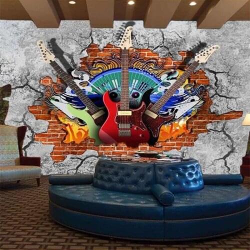 Custom wallpaper 3D papier peint guitar rock brick wall KTV background wall bar restaurant cafe decoration painting 3d wallpaper