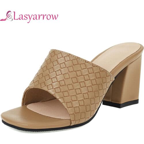 Lasyarrow Fashion Square Head Peep Toe High Heel Slippers Women Slip On Sandal Outdoor Slides Summer Mule Elegant Shoes Mujer