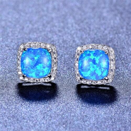 Bamos Green/Blue/White Fire Opal Stud Earrings Elegant Geometric Earrings For Women Luxury White Gold Filled Wedding Jewelry 8mm