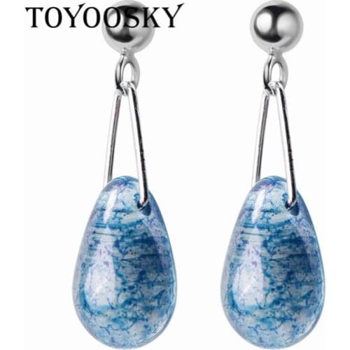 TOYOOSKY New S925 Sterling Silver Women Literary Sweet Blue Water Drop Earrings Temperament Short Ear Jewelry Brincos