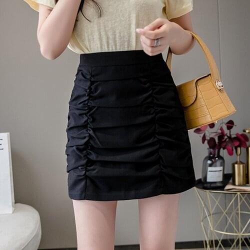 New Summer Holiday Style Fashion Women High Waist Folds Short Skirts Female Pleated Package Hip Slim Elegant Shirring Mini Skirt