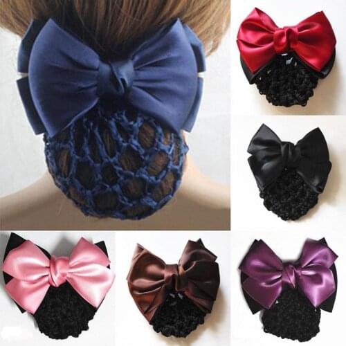 Women Solid Color Satin Bow Barrette Hair Clip Cover Net Tulle Hair Bow Bowknot Bun Snood Hair Net Headwear Hair Accessories