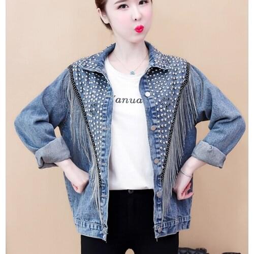 Spot Womens New Loose And Versatile Beaded Diamond Tassel Short Heavy Denim Jacket