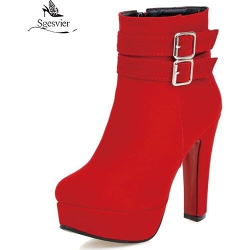 Sgesvier Fashion Womens Ankle Boots Winter Autumn Shoes Platform Boots Ladies Black Red Flock Buckle Short Shoes Woman Big Size