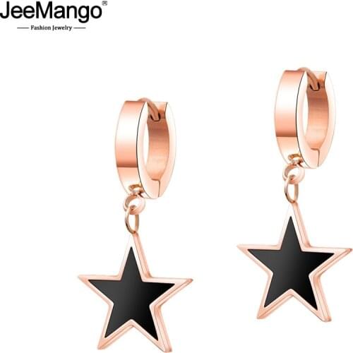 JeeMango Fashion Black Pentagram Earrings For Women Titanium Steel Rose Gold Color Female Hoop Earrings Pendientes JE17080