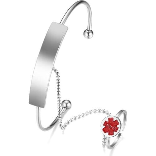 Titanium Steel Open Bangles Rings Set For Women Medical Sign Simple Rings Silver Color Jewelry Fashion Party Bijoux Set Pulseira