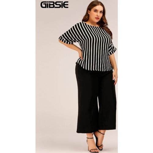 GIBSIE Plus Size Casual Women Two Piece Set 2021 Summer Short Sleeve Round Neck Striped Tops and Wide Leg Pants Sets 4xl 5xl