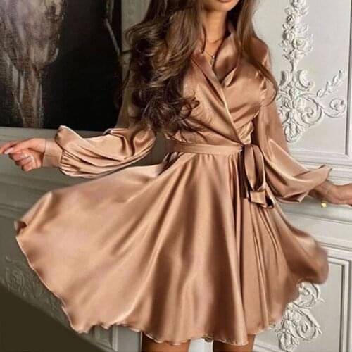 Women Sexy V-Neck Satin Solid Color Dress A Line Sashes Spring Party Dress Lantern Sleeve Vintage Elegant Trendy Women Dress