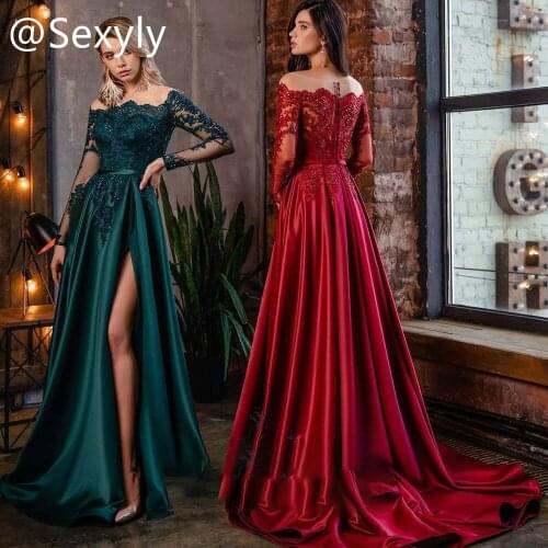Chic Women Green Red Evening Dress With Lace 2021 A Line Side Slit Prom Dresses Long Sleeve Scoop Neck Floor Length Formal Gowns