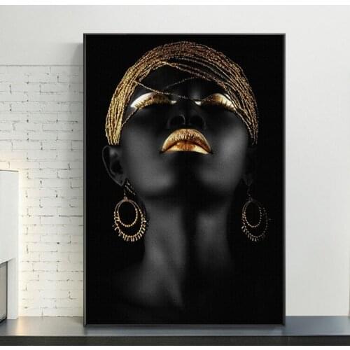 Gold and Black Modern Makeup Model African Woman Canvas Wall Art Paintings Fashion Girl Poster Prints for Living Room Home Decor