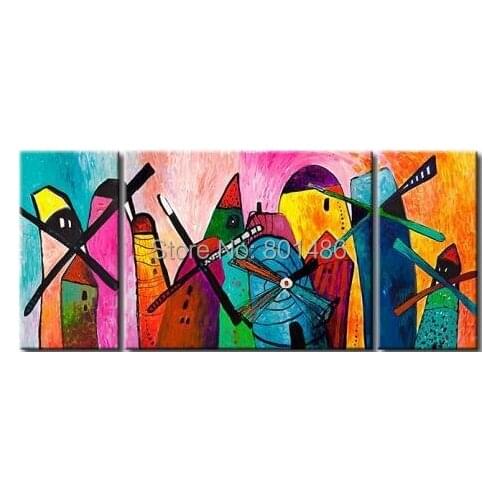 3 Piece Canvas Wall Art - Beautiful Scenery of Windmill Abstract Handmade Oil Painting for Living Room Artwork Home Decor