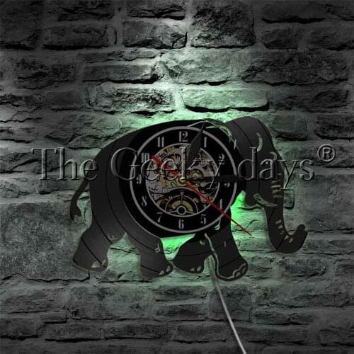 African Animals Safari Walking Elephant Vinyl Record Wall Clock LED Wall Lamp Wildlife Wall Watch Decorative Lighting