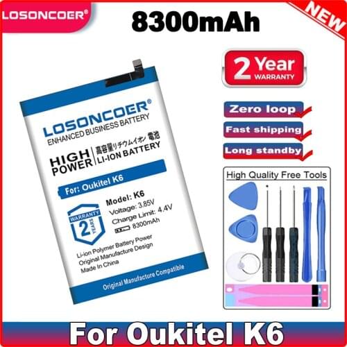LOSONCOER 8300mAh K6 Battery For Oukitel K6 Smart Phone Batteries Free Tools Stand Holder Stickers