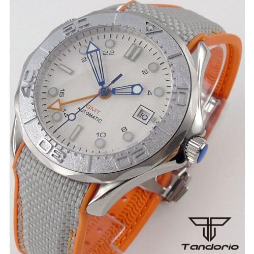 41mm Automatic Mens Watch GMT Function White Wave Dial Sapphire Date Aluminum Bezel Insert Rubber Strap Screw In Crown