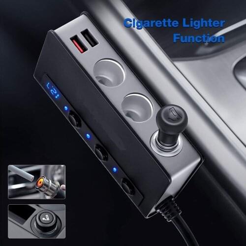 Quick Charge 3.0 Cigarette Lighter Splitter 12V/24V 3-Socket 180W ON-OFF DC Power Car Splitter with 4-Port USB Car Charger