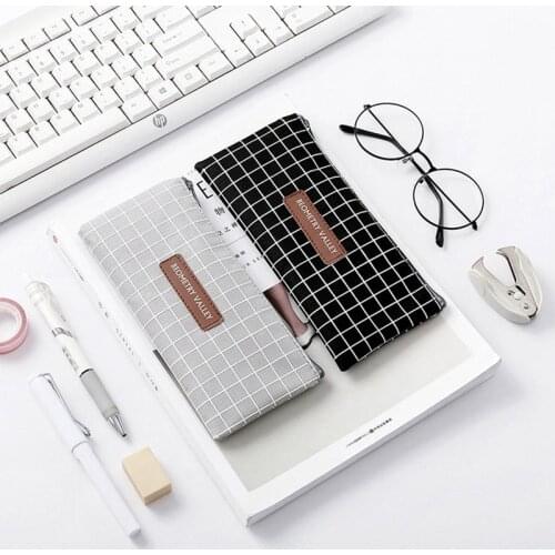 Korean Student Pencil Case Lattice Point Stationery Bag Creative Pencil Bag Lattice Dot Pen Bag Simple Canvas Zipper 20.5*9cm