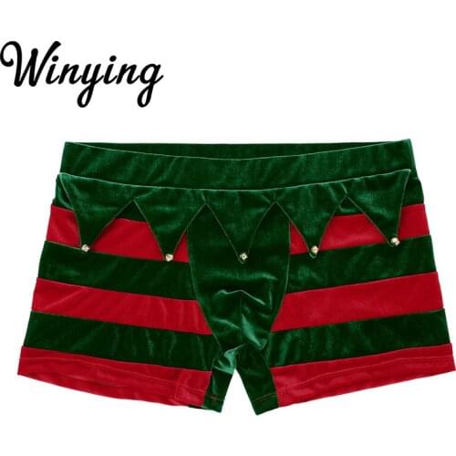 Men Striped Velvet Penis Pouch Boxer Shorts Christmas Underwear Cosplay Party Festival Rave Fancy Xmas Elf Costume Underpants