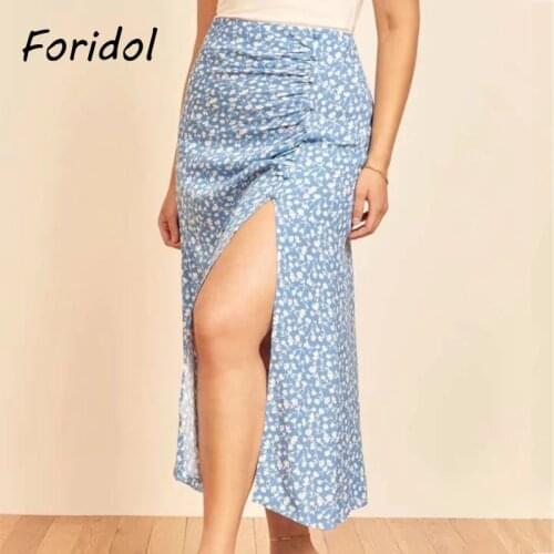 Foridol Floral Print Slit Skirts Womens High Waist Button Long Maxi Skirt Casual Boho A-line Blue Skirt Bottoms Summer Skirt