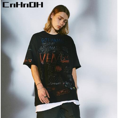 CnHnOH 20SS Tide brand neutral TEE graffiti printing loose large size FOG style mens short-sleeved T-shirt clothes 9628