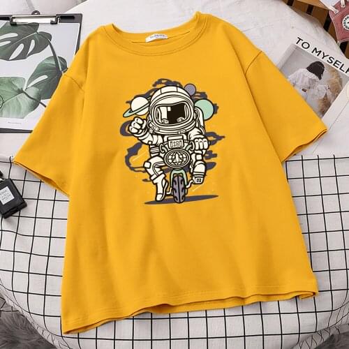 Cycling Astronaut Space Man Print T Shirts Womens Loose Trip Streetwear Funny O-Neck Clothes Fashion Comfortable T-Shirt WomenS
