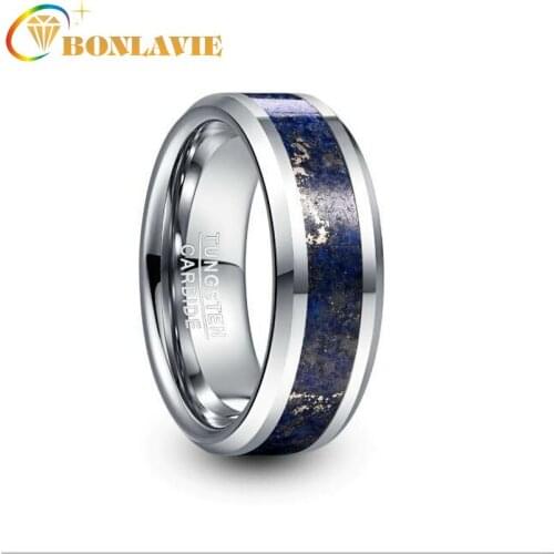 8mm Wide Tungsten Steel Mens Ring Tungsten Carbide Ring Wedding Engagement Steel Color Inlaid Lapis Lazuli Punk Men Jewelry